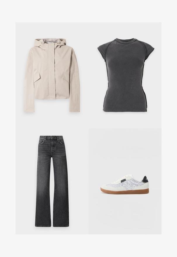 Lyse beige cropped jakke med hætte, der har en lynlås foran, to skrå sidelommer og glat tekstureret materiale.; Tæt siddende mørkegrå ribbet top med korte ærmer, rund halsudskæring og let forlængede skulderærmer på en lys baggrund.; Sorte denim jeans med høj talje og bred ben-design. Har fem lommer og en subtil falmet tekstur med kontrastfarvet syninger.; Hvide sneakers med glitrende detaljer på siderne, i ruskindsmateriale, cremede snørebånd og brun gummisål; sort hældetalje med branding.