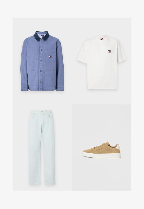 Veste bleu clair en coton avec un col en velours côtelé marine. Dispose de deux poches avant et d'un petit logo sur la zone de la poitrine gauche.; T-shirt en coton blanc avec un petit logo rectangulaire rouge, bleu et noir sur le côté gauche de la poitrine. Manches courtes et col rond.; Jean droit bleu clair en denim, avec fermeture à bouton, décoloration subtile et design à cinq poches.; Baskets en suède beige avec une semelle en caoutchouc blanc, bout rond, lacets plats et un logo discret sur le côté. Texture lisse et design minimaliste.