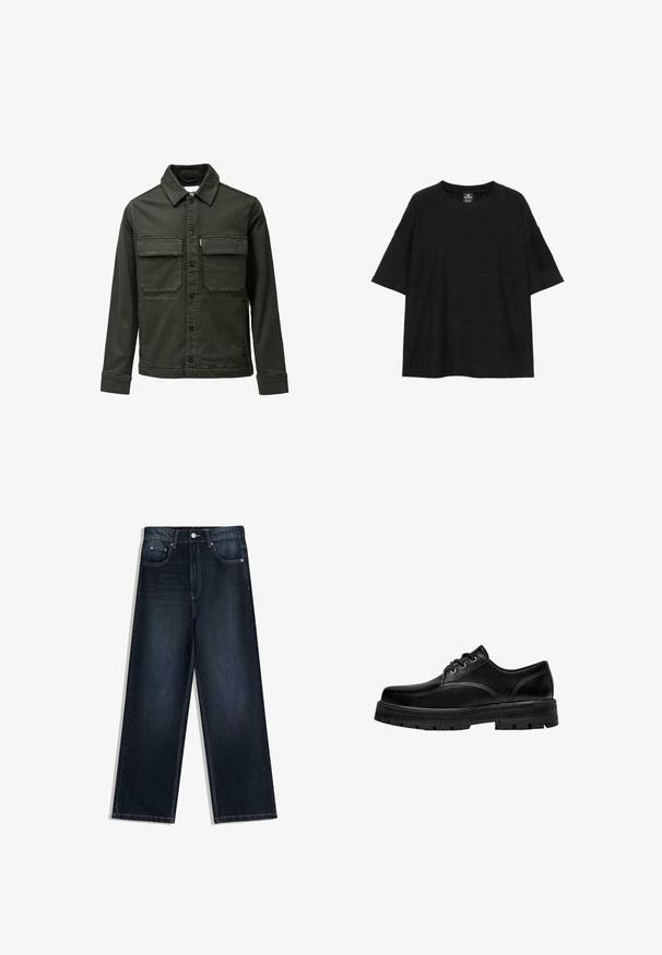 Dunkelgrüne Jeansjacke mit zwei Brusttaschen, einer Knopföffnung und einem klassischen Kragen. Mit gesteppten Akzenten und langen Ärmeln.; Schwarzes, oversized T-Shirt mit kurzen Ärmeln und Rundhalsausschnitt, subtiler horizontaler Struktur und Pull&Bear Markenlabel innen am Kragen.; Dunkelblaue Jeans mit weitem Bein und glatter Textur, ausgestattet mit einer vorderen Knopfleiste, fünf Taschen und kontrastierenden Steppnähten.; Schwarze Leder Schnürschuhe mit abgerundeter Spitze, strukturiertem Finish und dicker Gummisohle mit tiefen Rillen für besseren Grip.