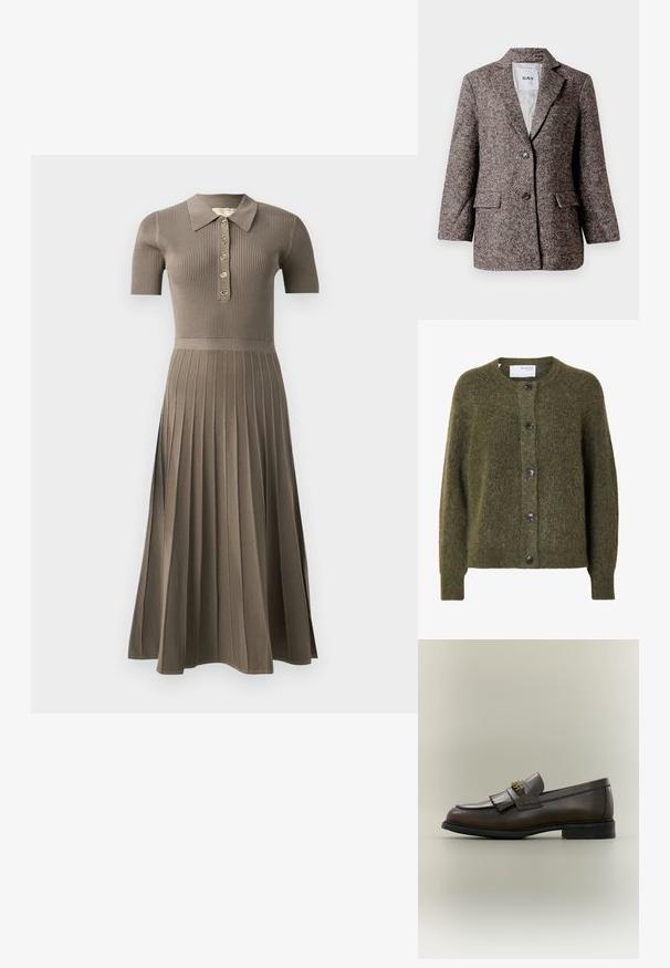Brun blazer med fiskebensmønster, to knapper, slagkrave og sidelommer. Fôr indvendigt, stof af mellem vægt.; Mørk olivengrøn, blød cardigan med knapper, lange ærmer og rund halsudskæring, mærket "SELECTED FEMME" indeni kraven.; Ribbede midikjole i gråbrun med korte ærmer, polo-krave, guldknaplukning og plisseret kjoldesign. Blød tekstur.; Mørkebrun læderloafer med frynser og guldbeslag på sort sål, vist fra siden på en neutral baggrund.