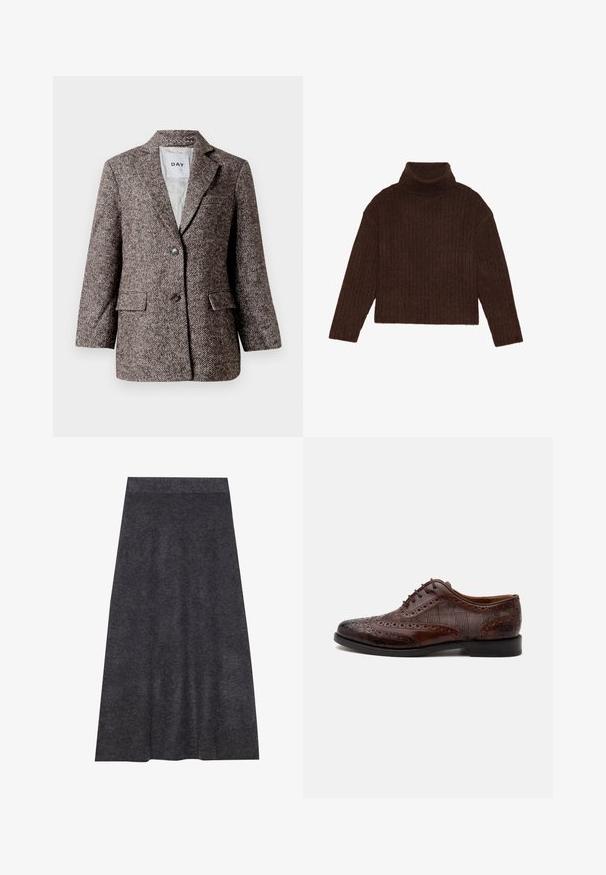 Blazer marron à motif chevron avec deux boutons, col en pointe et poches latérales. Intérieur doublé, tissu de poids moyen.; Pull en maille côtelée marron à col roulé, avec des manches longues et une silhouette courte, présentant un design de tricot épais et texturé.; Jupe en maille gris foncé, longueur genou, avec une texture lisse et une ceinture. Silhouette en A avec un ourlet uniforme, conçue pour le confort et la polyvalence.; Chaussure habillée homme à bout golf en cuir marron avec détails brogue et panneaux latéraux en tissu à carreaux, vue de côté sur fond blanc.