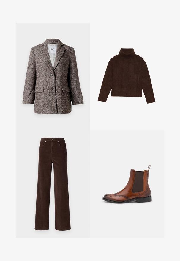 Blazer marrón con patrón de espiga, dos botones, solapa con muesca y bolsillos laterales. Interior forrado, tejido de peso medio.; Jersey marrón con cuello alto de canalé, de mangas largas y silueta cortada, que presenta un diseño de punto grueso y texturizado.; Vero Moda VMTESSA WIDE PANTS - Pantalones - chocolate torte; Bota Chelsea de cuero marrón con detalles de brogue, paneles laterales elásticos y una pestaña para tirar. Presenta una punta redondeada y una suela negra.