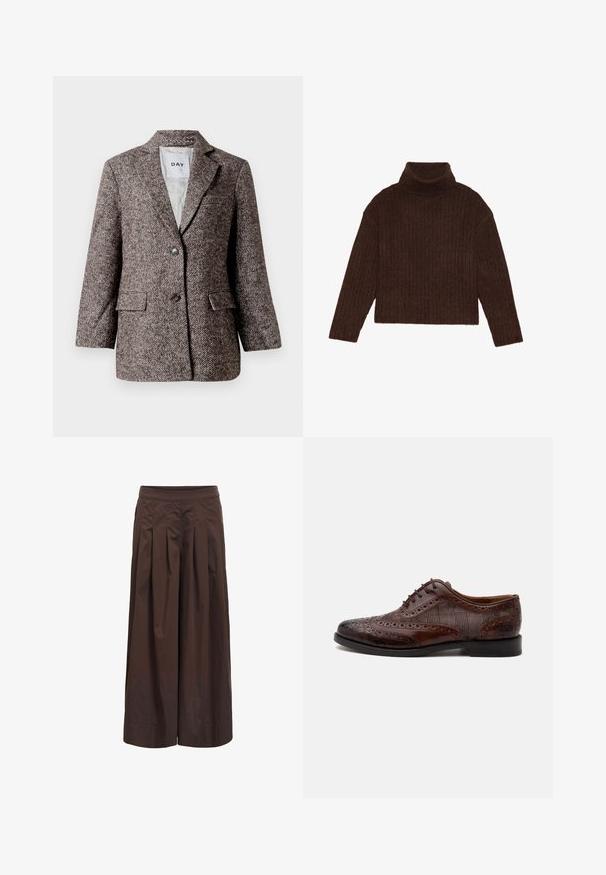 Blazer marron à motif chevron avec deux boutons, col en pointe et poches latérales. Intérieur doublé, tissu de poids moyen.; Pull en maille côtelée marron à col roulé, avec des manches longues et une silhouette courte, présentant un design de tricot épais et texturé.; Pantalon marron à jambes larges avec plis devant et taille ajustée, fabriqué en tissu léger, présenté sur fond blanc.; Chaussure habillée homme à bout golf en cuir marron avec détails brogue et panneaux latéraux en tissu à carreaux, vue de côté sur fond blanc.