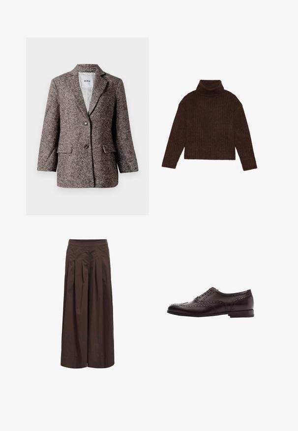 Blazer marron à motif chevron avec deux boutons, col en pointe et poches latérales. Intérieur doublé, tissu de poids moyen.; Pull en maille côtelée marron à col roulé, avec des manches longues et une silhouette courte, présentant un design de tricot épais et texturé.; Pantalon marron à jambes larges avec plis devant et taille ajustée, fabriqué en tissu léger, présenté sur fond blanc.; Chaussure habillée en cuir marron avec des détails de brogue, fermeture à lacets, bout arrondi et un petit talon empilé. Fini poli et perforations complexes.