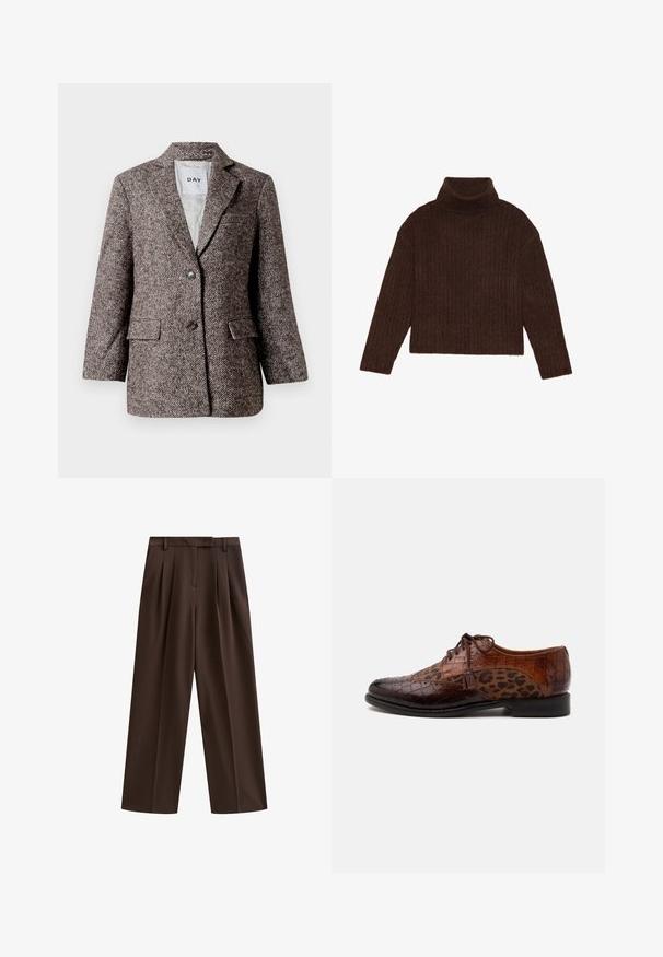Blazer marron à motif chevron avec deux boutons, col en pointe et poches latérales. Intérieur doublé, tissu de poids moyen.; Pull en maille côtelée marron à col roulé, avec des manches longues et une silhouette courte, présentant un design de tricot épais et texturé.; Pantalons marron à taille large avec des plis, une ceinture plate et des passants de ceinture ; texture lisse et design ajusté. Idéal pour une tenue décontractée ou formelle.; Chaussure habillée en cuir marron avec texture crocodile et panneaux en tissu imprimé léopard, fermeture à lacets et détail pompon sur le côté.