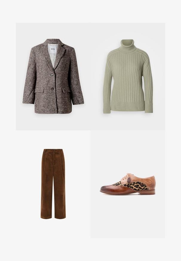 Blazer marron à motif chevron avec deux boutons, col en pointe et poches latérales. Intérieur doublé, tissu de poids moyen.; Pull à col roulé vert clair en tissu côtelé. Design à épaules tombantes, détails de couture minimalistes et manches longues.; Pantalons en velours côtelé brun à jambes larges avec une surface texturée, un devant plissé et une fermeture éclair. Présente une petite étiquette de marque sur la taille.; Chaussure de ville en cuir marron avec panneau en tissu imprimé léopard, détails brogue, lacets à pampilles et petit talon en bois.