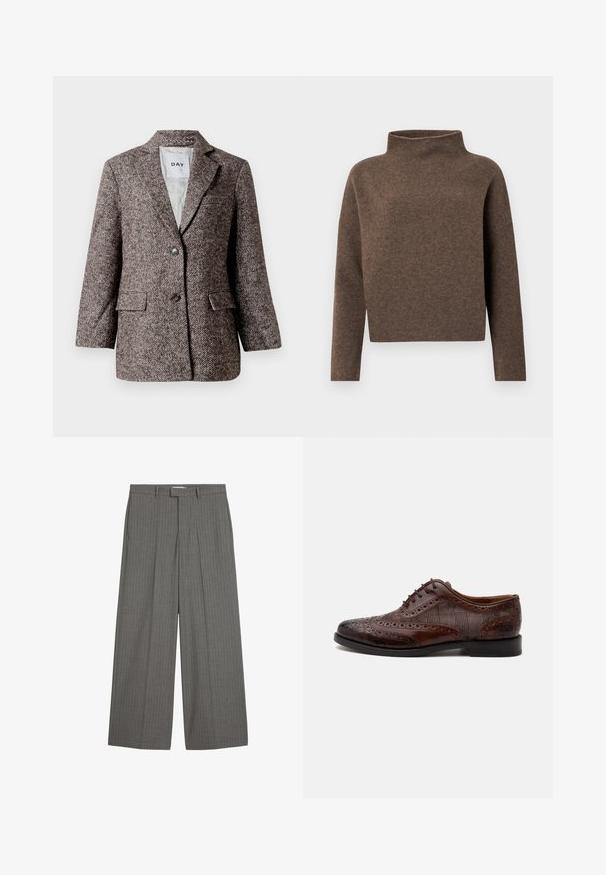 Blazer marron à motif chevron avec deux boutons, col en pointe et poches latérales. Intérieur doublé, tissu de poids moyen.; Pull marron court avec un col haut à revers, des manches longues et un tissu doux et texturé. Design minimaliste sans matériel visible.; Pantalon gris à rayures avec un design à jambes larges, présentant un devant plat et deux poches latérales, fabriqué en tissu lisse.; Chaussure habillée homme à bout golf en cuir marron avec détails brogue et panneaux latéraux en tissu à carreaux, vue de côté sur fond blanc.