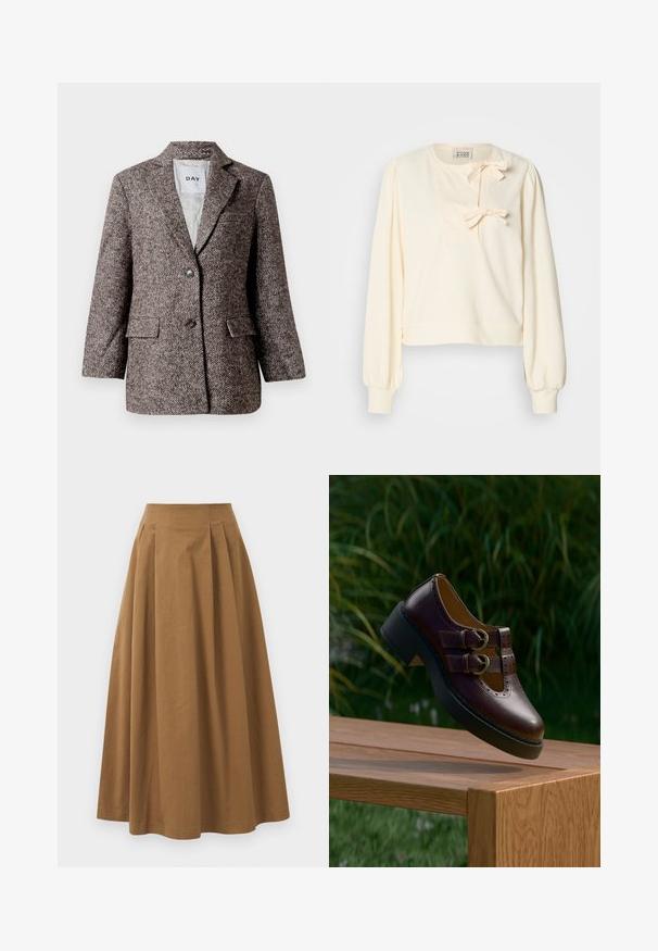 Brun blazer med fiskebensmønster, to knapper, slagkrave og sidelommer. Fôr indvendigt, stof af mellem vægt.; Cremefarvet sweatshirt med lange puffærmer, der har en tekstureret forpatch og to dekorative sløjfer ved halsudskæringen.; Brun bomulds A-linjeet nederdel med høj talje, præget af læg foran og en glat tekstur. Endeafslutningerne er enkle og rene.; Mørkebrune lædersko med dobbelt rem, perforerede detaljer og tyk sort sål, hængende over et træbord udendørs.