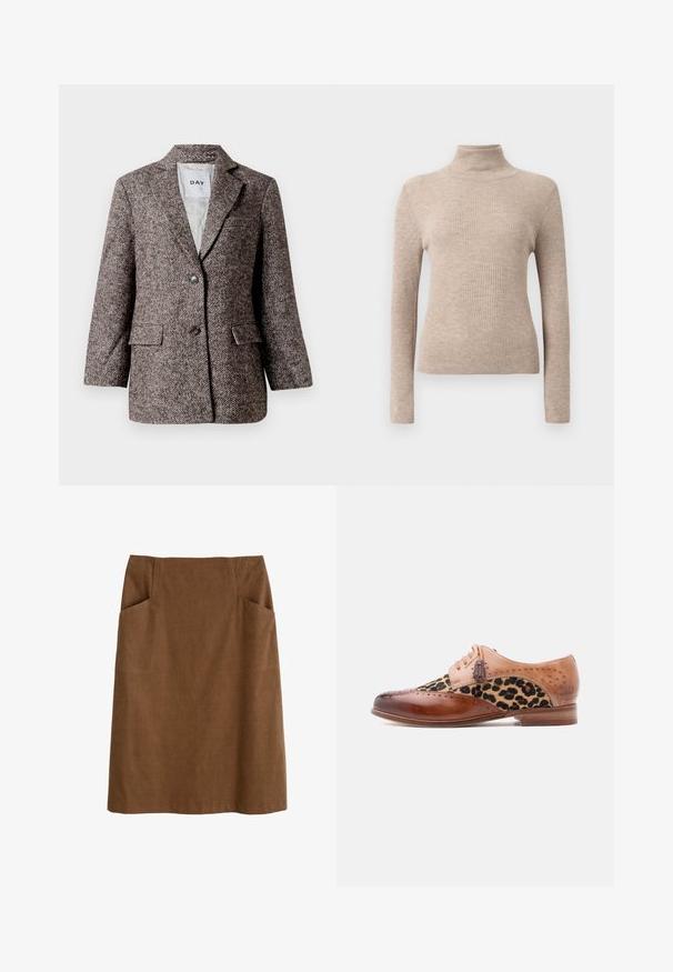 Pruudiga pruun herringbone-mustriga bleiser kahe nööbiga, lõppenud krae ja küljetaskutega. Vooderatud siseosa, keskmise kaaluga kangas.; Kreemjas soonikuga pikad varrukad turtleneck-sweater, esitatud lihtsal valgel taustal.; Prunkorraline puuvillane seelik, millel on sobiv vöökoht, kaks küljetaskut ja sirge lõige. Kanga tekstuur on pehme ja kerge läikega.; Pruun nahast kleitjalanõu leopardimustrilise kangaspaneeli, brogue-detailide, tuttnöörade ja madala puidust kontsaga.