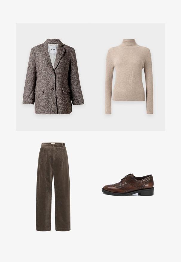 Blazer marrón con patrón de espiga, dos botones, solapa con muesca y bolsillos laterales. Interior forrado, tejido de peso medio.; Jersey de cuello alto de manga larga de color beige con canalé, expuesto sobre un fondo blanco liso.; Pantalones de pana marrón de pierna ancha con pliegues, que presentan una textura suave y una cintura de altura media. Los acabados del dobladillo son limpios y rectos.; Zapato de vestir de cuero marrón con diseño de punta de ala, detalles perforados, puntera redonda y suela de goma negra. Presenta un cierre clásico con cordones.