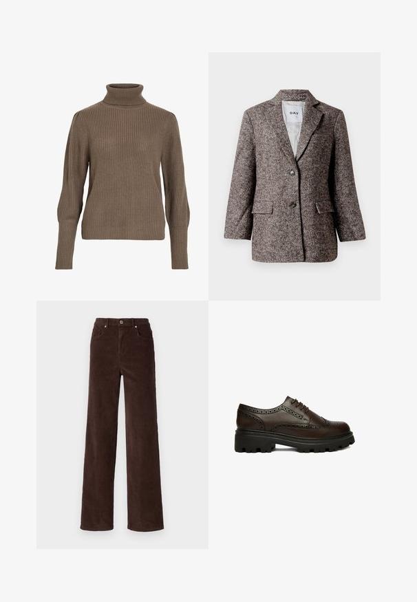 Blazer marrón con patrón de espiga, dos botones, solapa con muesca y bolsillos laterales. Interior forrado, tejido de peso medio.; Suéter de punto acanalado marrón con cuello alto y mangas ajustadas, que cuenta con un acabado texturizado y un corte holgado.; Vero Moda VMTESSA WIDE PANTS - Pantalones - chocolate torte; Zapato brogue de cuero marrón oscuro con detalles perforados y suela gruesa negra con dibujo, visto de lado sobre fondo blanco.