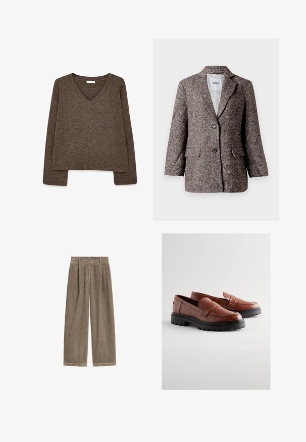 Blazer marron à motif chevron avec deux boutons, col en pointe et poches latérales. Intérieur doublé, tissu de poids moyen.; Pull en maille marron avec un col en V, manches longues, coupe légèrement courte et ourlet côtelé. Texture douce avec une finition lisse.; Pantalon large en velours côtelé marron avec passants de ceinture, plis à l'avant et fermeture éclair.; Mocassins en cuir marron à surface lisse, avec une large bride sur le cou-de-pied, et une semelle en caoutchouc noir robuste dotée de profondes rainures.