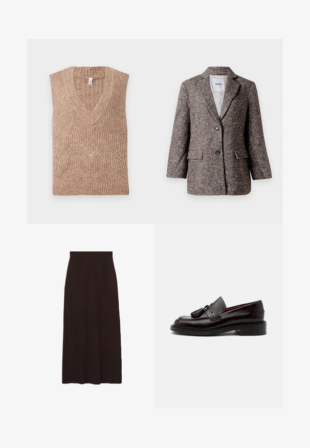 Blazer marron à motif chevron avec deux boutons, col en pointe et poches latérales. Intérieur doublé, tissu de poids moyen.; Gilet en tricot sans manches beige avec un col en V, présentant un motif texturé et des bords côtelés, fabriqué à partir d'un matériau en laine douce.; Jupe marron côtelée de coupe mi-longue avec une taille élastique. Le tissu présente une surface texturée avec des rayures verticales.; Mocassin en cuir marron foncé avec pampilles, détails cousus et un petit talon empilé sur un fond clair uni.