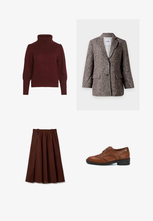 Blazer marrón con patrón de espiga, dos botones, solapa con muesca y bolsillos laterales. Interior forrado, tejido de peso medio.; Suéter de punto burdeos con cuello alto, textura acanalada, mangas largas y detalles fruncidos en los hombros.; Falda plisada marrón hecha de tela suave, con cintura alta y dobladillo de borde sin rematar. El diseño presenta una silueta fluida y líneas limpias.; Zapatos de cordones de piel marrón con detalles perforados, puntera redondeada y tacón de goma negra. Presentan una textura suave y un diseño discreto.