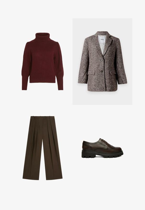 Bruine blazer met visgraatpatroon, twee knopen, met een notch-lapel en zijzakken. Voering van binnen, stof van gemiddelde zwaarte.; Bordeaux gebreide trui met hoge kraag, geribbelde textuur, lange mouwen en geplooide details op de schouders.; Bruine wijde broek met voorplooien, riemlussen, zijzakken en een knoopsluiting aan de tailleband.; Donkerbruine leren brogue schoen met geperforeerde details en dikke zwarte profielzool, zijkant gezien op een witte achtergrond.