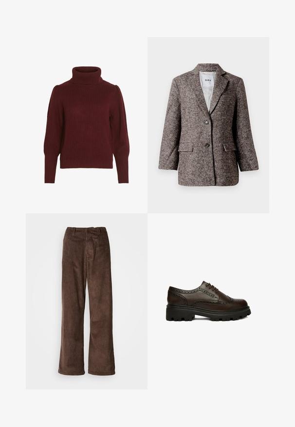 Brun blazer med fiskebensmønster, to knapper, slagkrave og sidelommer. Fôr indvendigt, stof af mellem vægt.; Bordeaux strikket sweater med høj krave, ribbet tekstur, lange ærmer og samlet detaljer på skuldrene.; Brune fløjl bukser med en bred benudskæring, der har lodrette ribber og en talje. Stoffet har et blødt, tekstureret udseende.; Mørkebrun læder brogue sko med perforerede detaljer og tyk sort rillesål, set fra siden på hvid baggrund.