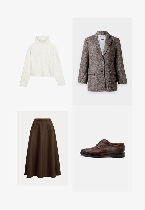 Blazer marron à motif chevron avec deux boutons, col en pointe et poches latérales. Intérieur doublé, tissu de poids moyen.; Pull à col roulé en maille blanche, avec une coupe courte, doté de poignets et d'un ourlet côtelés. Texture douce avec un design épais et confortable.; Jupe trapèze en lin marron à taille haute, avec deux poches frontales et une texture lisse, tombant sous le genou.; Chaussure habillée homme à bout golf en cuir marron avec détails brogue et panneaux latéraux en tissu à carreaux, vue de côté sur fond blanc.