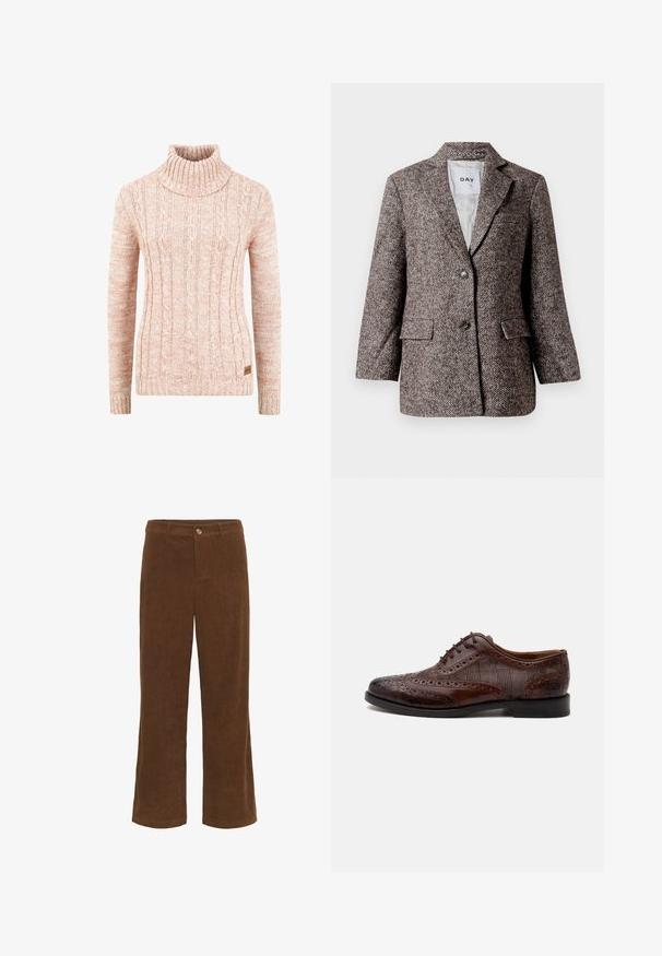 Hnedý blazer s vzorom rybia kosť, so zapínaním na dva gombíky, zúženou klopou a bočnými vreckami. Podšívka, stredne ťažká tkanina.; Pletený svetrový rolák v jemnej broskyňovej farbe s textúrovaným káblovým vzorom, dlhými rukávmi a tkanou značkovou etiketou na leme.; Hnedé kordové nohavice so záporným strihom, s predným zapínaním na gombík a jemnou vertikálnou rýhovanou textúrou.; Hnedá kožená pánska elegantná obuv wingtip so vzorom brogue a károvanými látkovými bočnými panelmi, zobrazená z boku na bielom pozadí.
