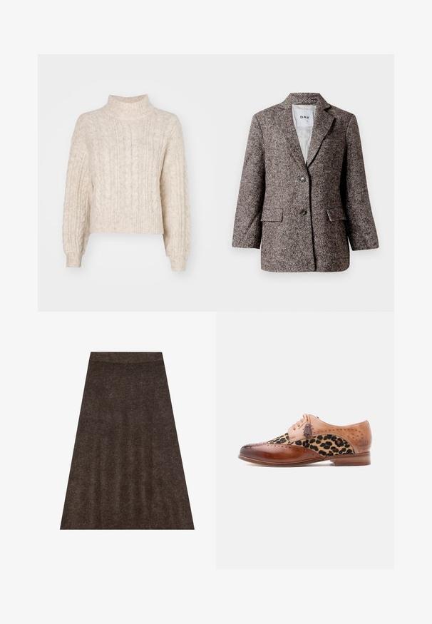 Bruine blazer met visgraatpatroon, twee knopen, met een notch-lapel en zijzakken. Voering van binnen, stof van gemiddelde zwaarte.; Crème-kleurige cropped trui met een hoge nek, met een getextureerd kabelbreipatroon en lange, iets pofmouwen.; Bruine gebreide rok met een flairdesign, elastische tailleband en subtiele textuur overal. De stof lijkt zacht en warm.; Bruine leren nette schoen met een paneel van luipaardprintstof, sierlijke perforaties, sierstrikaccenten en een lage houten hak.