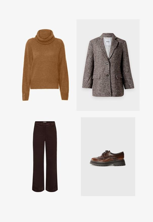 Brun blazer med fiskebensmønster, to knapper, slagkrave og sidelommer. Fôr indvendigt, stof af mellem vægt.; Brun turtleneck trøje med en blød, struktureret overflade og lange ærmer. Har perle-lignende detaljer på manchetterne.; Brune brede benbukser i et glat stof med lige snit og standard talje, designet til en afslappet pasform.; Brune læder snørebåndssko med brogue-detaljer, gummisål og kontrasterende sort tekstureret platform. Glat finish med klassisk design.