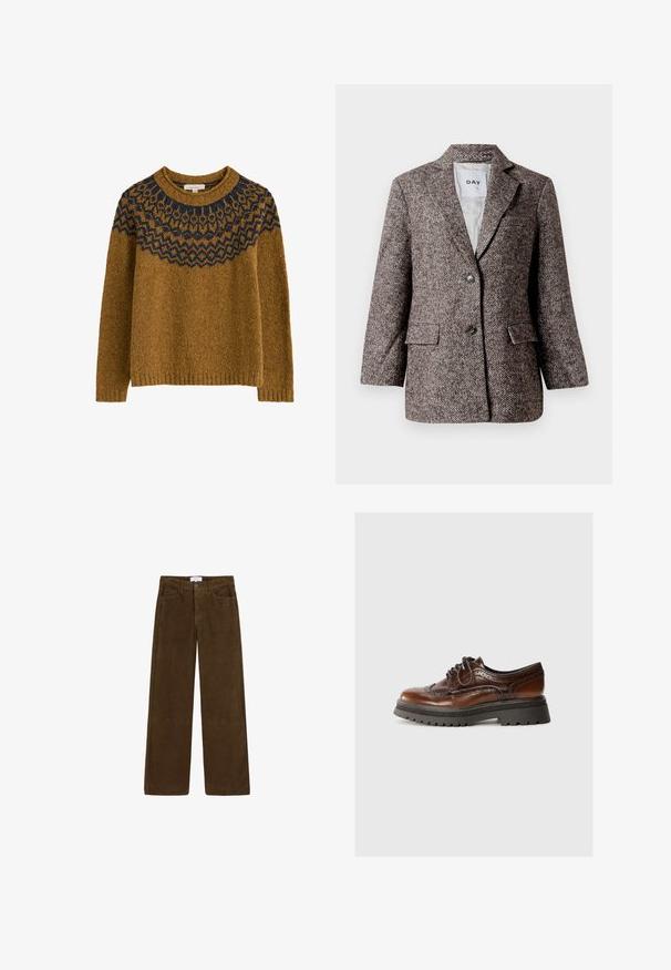 Blazer marron à motif chevron avec deux boutons, col en pointe et poches latérales. Intérieur doublé, tissu de poids moyen.; Pull en tricot marron doré avec une encolure en motif bleu marine. Il dispose d'un col rond et de manches longues, fabriqué dans un matériau texturé.; Pantalon large en velours côtelé marron à finition texturée, avec fermeture éclair et bouton, et deux poches avant.; Chaussure en cuir marron à lacets avec des détails en brogue, semelle en caoutchouc et plateforme texturée noire contrastante. Fini lisse avec un design classique.