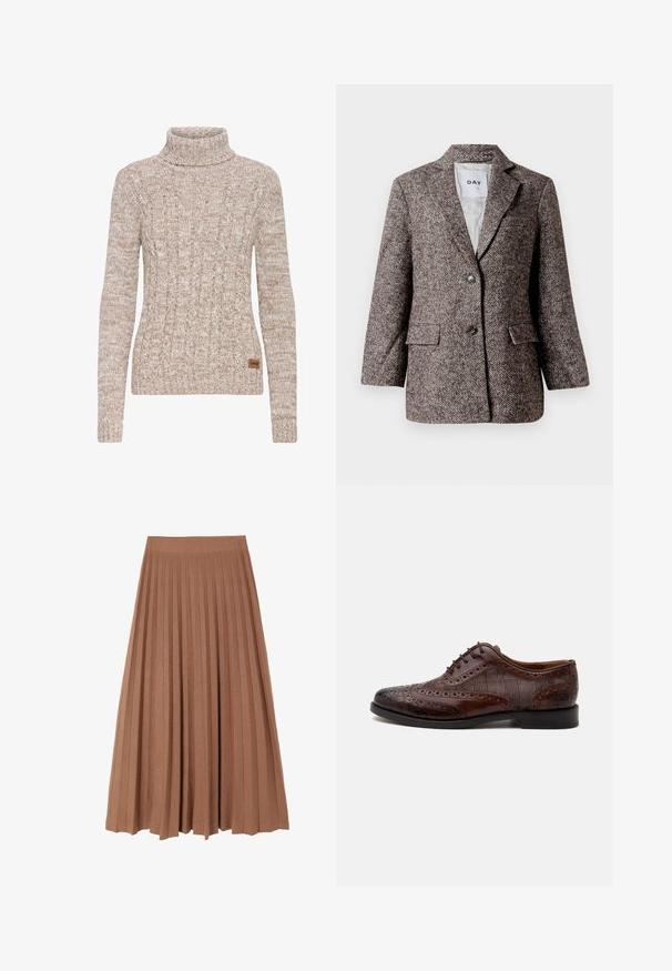 Blazer marron à motif chevron avec deux boutons, col en pointe et poches latérales. Intérieur doublé, tissu de poids moyen.; Pull à col roulé en tricot marbré beige et brun clair avec motifs torsadés et une petite étiquette de marque brune sur le côté inférieur.; Jupe midi plissée marron avec une texture lisse et une large ceinture, présentant des plis verticaux réguliers sur toute sa longueur, créant une silhouette fluide.; Chaussure habillée homme à bout golf en cuir marron avec détails brogue et panneaux latéraux en tissu à carreaux, vue de côté sur fond blanc.