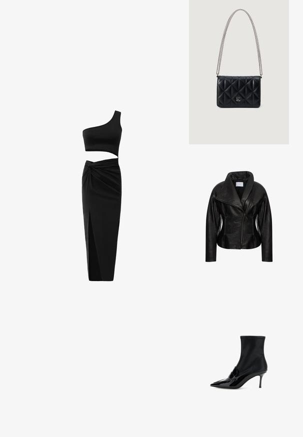 Chaqueta de cuero negra con solapa ancha, cremallera asimétrica, dos bolsillos frontales con cremallera y una silueta ajustada. Textura suave y diseño minimalista.; Conjunto negro de dos piezas que incluye un top corto de un solo hombro y una falda de cintura alta con un detalle retorcido y una abertura lateral. Tejido suave.; Botín negro de tobillo hecho de cuero suave con una punta afilada y elegante, acentos de charol brillantes, un tacón de aguja delgado y una parte superior elástica.; Bolso de cuero acolchado negro con una correa de cadena plateada y un acento de logotipo cuadrado en la parte frontal. Forma rectangular con un acabado texturizado.