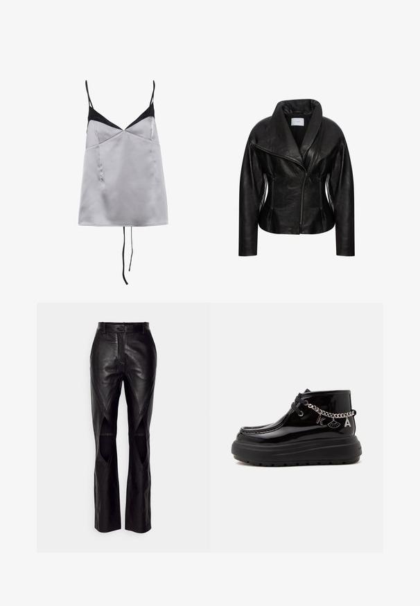 Veste en cuir noire avec un large col, fermeture éclair asymétrique, deux poches zippées à l'avant et une silhouette ajustée. Texture lisse et design minimaliste.; Camisole en satin gris clair avec des accents noirs et des bretelles fines. Présente une encolure en V, une texture lisse et une silhouette à coupe décontractée.; Pantalons en cuir noir avec une coupe ajustée, dotés de coutures diagonales et d'ouvertures sur les côtés. Jambes droites avec une fermeture à bouton à la taille.; Bottine à plateforme en cuir verni noir avec lacets noirs et chaîne argentée ornée de charms en forme d'éventail et des lettres K et A.