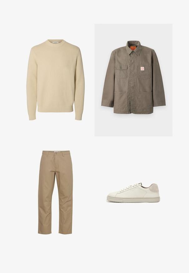 Chaqueta marrón con botones, cuatro bolsillos delanteros, uno con una etiqueta Levi's roja y blanca, y un cuello clásico.; Jersey de punto beige liso con cuello redondo, mangas largas y puños y bajo acanalados.; Pantalones de algodón beige con un diseño de pierna recta, que cuentan con un cierre frontal de botón y cremallera, bolsillos laterales y un acabado limpio.; Zapatilla blanca de piel de perfil bajo con cordones blancos, suela ligeramente texturizada y parche de ante gris claro en el talón, vista lateral.