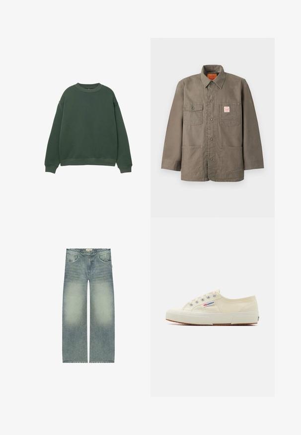 Braune Jacke mit Knopfleiste, vier Fronttaschen, davon eine mit rotem und weißem Levi's-Label, und klassischem Kragen.; Dunkelgrüner Pullover mit Rundhalsausschnitt, langen Ärmeln und gerippten Bündchen. Hergestellt aus einem weichen, strukturierten Stoff mit einer lockeren Passform.; Hellblaue Jeans mit weitem Schnitt, ausgestattet mit einer ausgewaschenen Optik und dezenten Used-Effekten, aus Denim-Material gefertigt. Fünf-Taschen-Design.; Beige Leinen-Sneaker mit niedrigem Profil, Metallösen und Gummisohle. Mit einem strukturierten Muster und einem Logodetail an der Seite.
