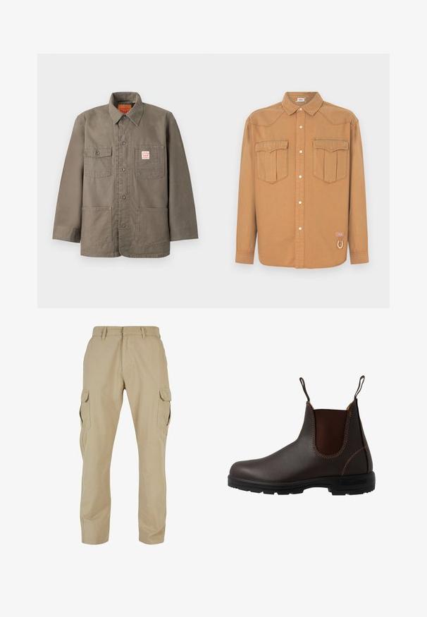Braune Jacke mit Knopfleiste, vier Fronttaschen, davon eine mit rotem und weißem Levi's-Label, und klassischem Kragen.; Braunes Denim-Hemd mit zwei Brusttaschen, spitzem Kragen, durchgehender Knopfleiste und kontrastierenden Nähten. Mit Logo-Patch und Schlaufen-Detail.; Beige Cargo-Hosen aus Baumwolltwill mit mehreren Seitentaschen, geradem Bein Design und einem Reißverschluss mit Gürtelschlaufen.; Brauner Chelsea-Stiefel aus Leder mit elastischem Seiteneinsatz, brauner Naht, Zuglaschen und einer strapazierfähigen Gummisohle mit strukturiertem Muster.