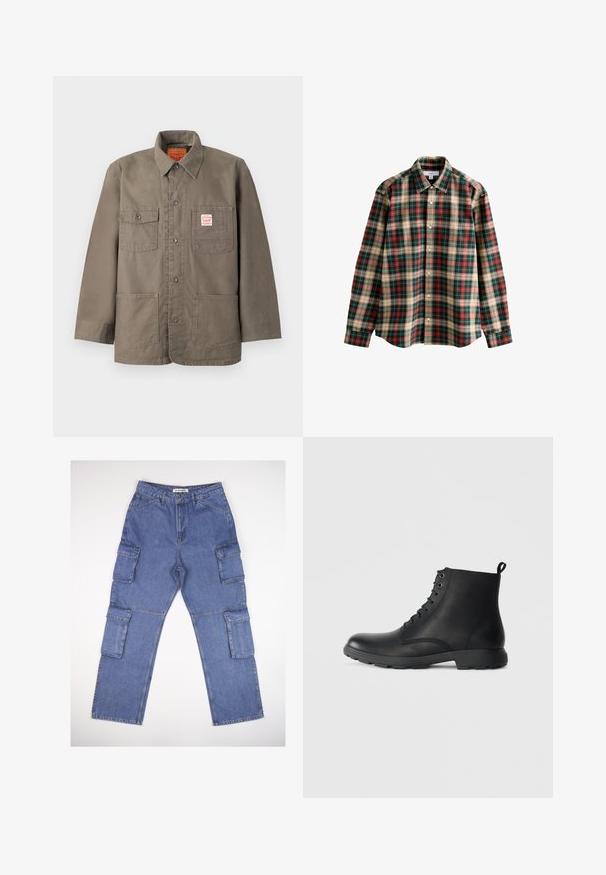 Bruine jas met knopen, vier zakken aan de voorkant, waarvan één met een rood-wit Levi's-label, en een klassieke kraag.; Langdamige, knoopsluitende shirt in een geruit patroon met rood, groen en beige. Gemaakt van een zachte stof met een klassieke kraag en een ontspannen pasvorm.; Blauwe denim cargobroek met meerdere zijzakken, een rechte pasvorm en een klassieke tailleband. De stof heeft een lichte textuur en vervaging.; Zwarte leren enkellaarzen met een ronde neus, vetersluiting en gestructureerde accenten. Rubberen zool met een lage profiel en een trekband aan de achterkant.