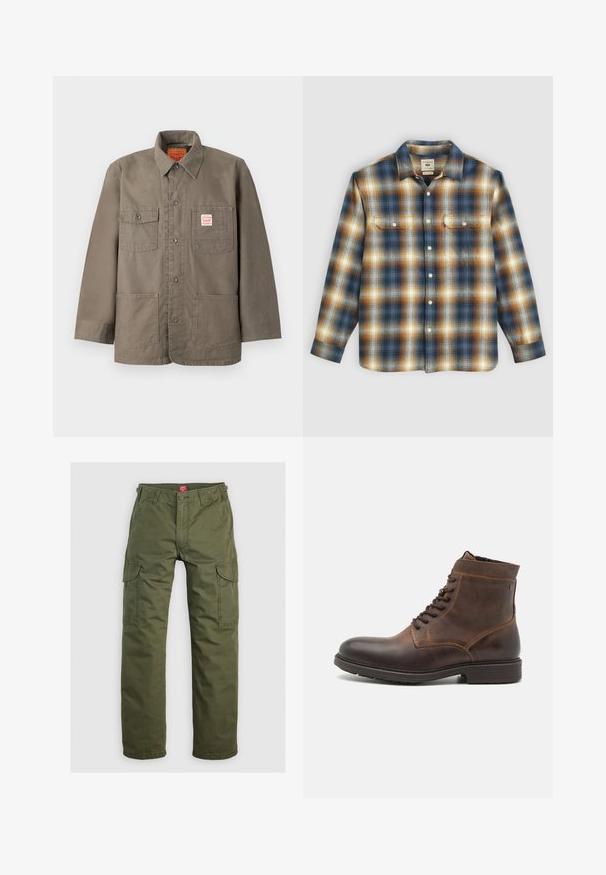 Bruine jas met knopen, vier zakken aan de voorkant, waarvan één met een rood-wit Levi's-label, en een klassieke kraag.; Geruite flanellen shirt met blauwe, bruine en crèmekleurige tinten, voorzien van twee borstzakken, knopen aan de voorkant en een klassiek kraagontwerp.; Olijfgroene cargobroek gemaakt van duurzame stof, met zijzakken, een knoopsluiting en een rechte pijpdesign.; Jack & Jones JFWDELANEY BOOT - Veterboots - cognac