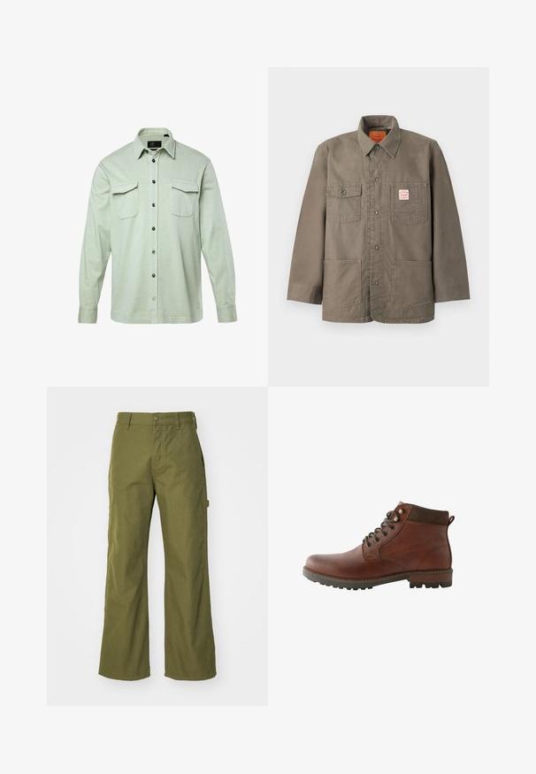 Brun knappet jakke med fire frontlommer, hvoraf en har et rødt og hvidt Levi's-mærke, og en klassisk krave.; Lys grøn langærmet skjorte med knapfront, to brystlommer og sorte knapper. Fremstillet af tekstureret stof, med foldet krave og manchetter.; Oliven grønne bukser med bred ben, lavet af slidstærkt stof, med knaplukning, sidelommer og lige kantdesign.; Brun læder ankelstøvle med snørebånd, mørkebrun polstret krave og robust sål, vist fra siden på hvid baggrund.