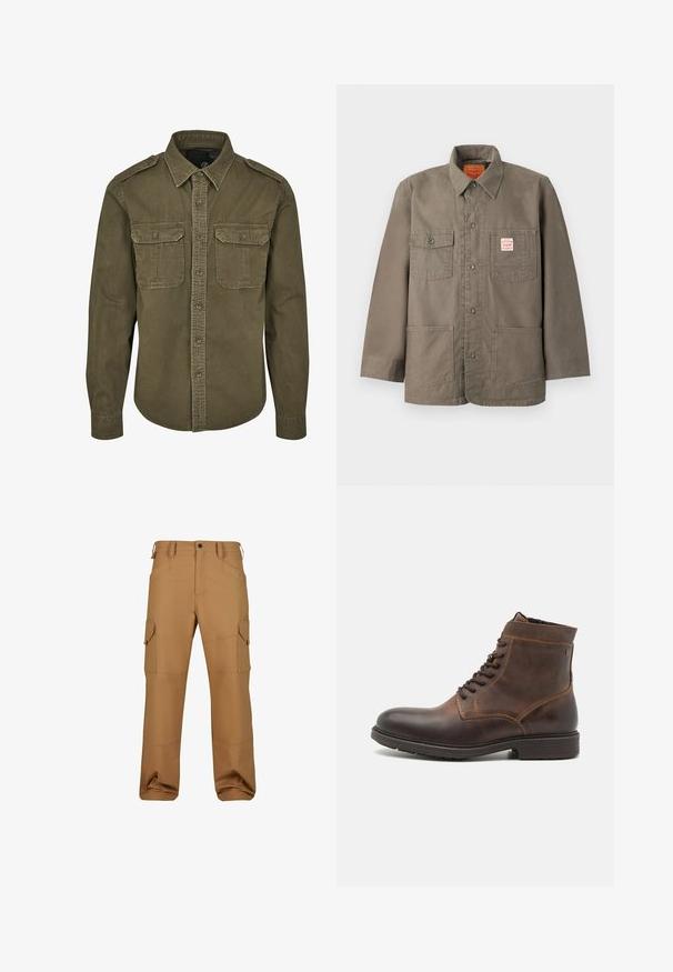 Bruine jas met knopen, vier zakken aan de voorkant, waarvan één met een rood-wit Levi's-label, en een klassieke kraag.; Olijf groene button-up shirt van katoen. Heeft een kraag, twee borstzakken met kleppen en gestructureerde schouders met zichtbare stiksels.; Bruine cargobroek gemaakt van duurzaam materiaal, met meerdere zakken, een relaxte pasvorm en versterkte stikseldetails.; Jack & Jones JFWDELANEY BOOT - Veterboots - cognac