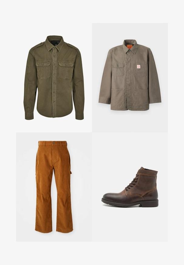 Bruine jas met knopen, vier zakken aan de voorkant, waarvan één met een rood-wit Levi's-label, en een klassieke kraag.; Olijf groene button-up shirt van katoen. Heeft een kraag, twee borstzakken met kleppen en gestructureerde schouders met zichtbare stiksels.; Bruine corduroy broek met een flared design, voorzien van zijzakken en een sluiting met een knoop aan de voorkant. De stof is zacht en ribbelig.; Jack & Jones JFWDELANEY BOOT - Veterboots - cognac