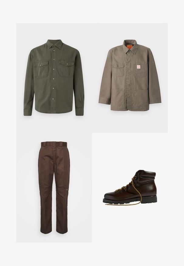 Braune Jacke mit Knopfleiste, vier Fronttaschen, davon eine mit rotem und weißem Levi's-Label, und klassischem Kragen.; Kahki Langarmhemd aus Baumwolle. Mit Knopfverschluss vorne, zwei Brusttaschen mit Klappen und klassischem Kragen. Schlichtes Design.; Braune, gerade geschnittene Hose mit glatter Textur. Verfügt über einen Gürtelschlaufen, Seitennähte und ein kleines Markenlogo am linken Bein.; Brauner Leder-Wanderschuh mit abgerundetem Zeh, strukturierten Oberflächen, gelben Schnürsenkeln und Metallösen. Enthält eine robuste schwarze Gummisohle.