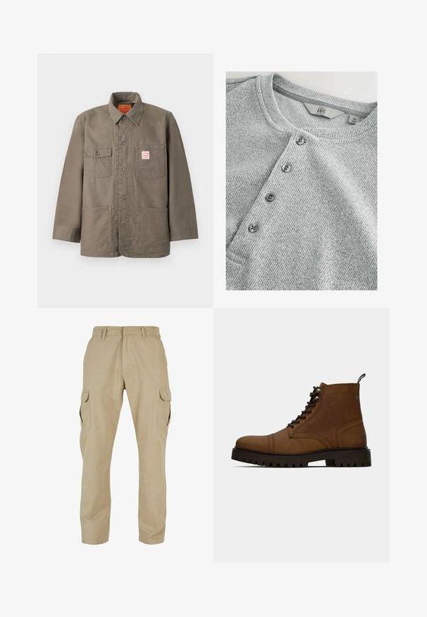 Bruine jas met knopen, vier zakken aan de voorkant, waarvan één met een rood-wit Levi's-label, en een klassieke kraag.; Grijze gebreide shirt met lange mouwen en een ronde halslijn, vijf knopen sluiting, ribbelstructuur en een slim fit ontwerp. Label geeft maat M aan.; Beige cargopants van katoen-twill, met meerdere zijzakken, een recht model en een ritssluiting met beltloops.; Bruine leren veterschoenen tot de enkel met dikke zwarte profielzool en een trekband op een witte achtergrond.