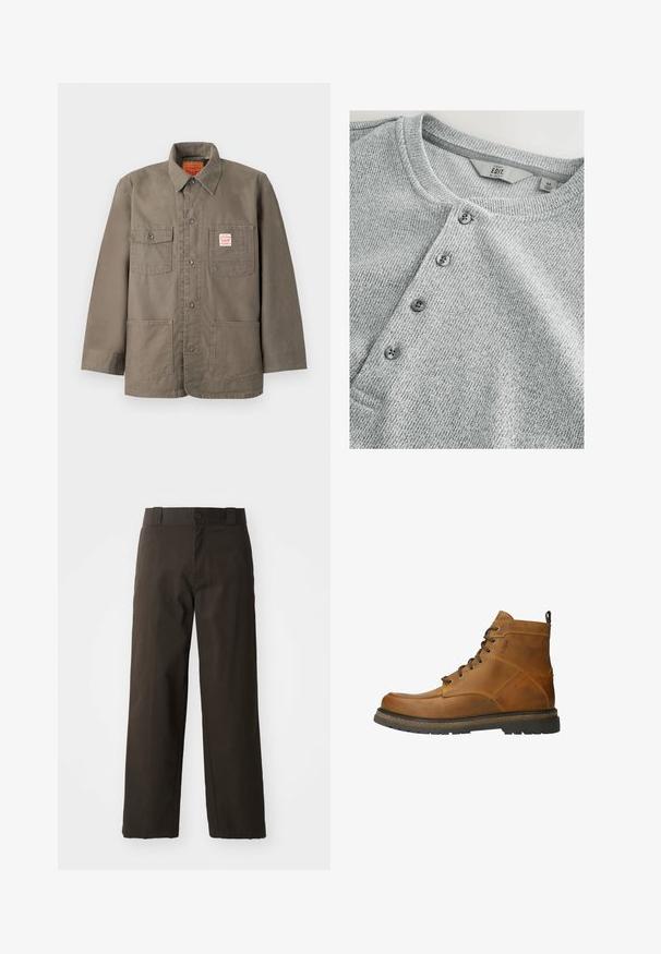 Bruine jas met knopen, vier zakken aan de voorkant, waarvan één met een rood-wit Levi's-label, en een klassieke kraag.; Grijze gebreide shirt met lange mouwen en een ronde halslijn, vijf knopen sluiting, ribbelstructuur en een slim fit ontwerp. Label geeft maat M aan.; Zwarte katoenen broek met een recht model, voorzien van een knoopsluiting en een klassieke tailleband. Gladde textuur, zonder patronen of accenten.; Bruine leren enkelboot met een ronde neus, vetersluiting en een gestructureerde rubberen zool. Voorzien van een lipje aan de achterkant en zichtbare stikseldetails.