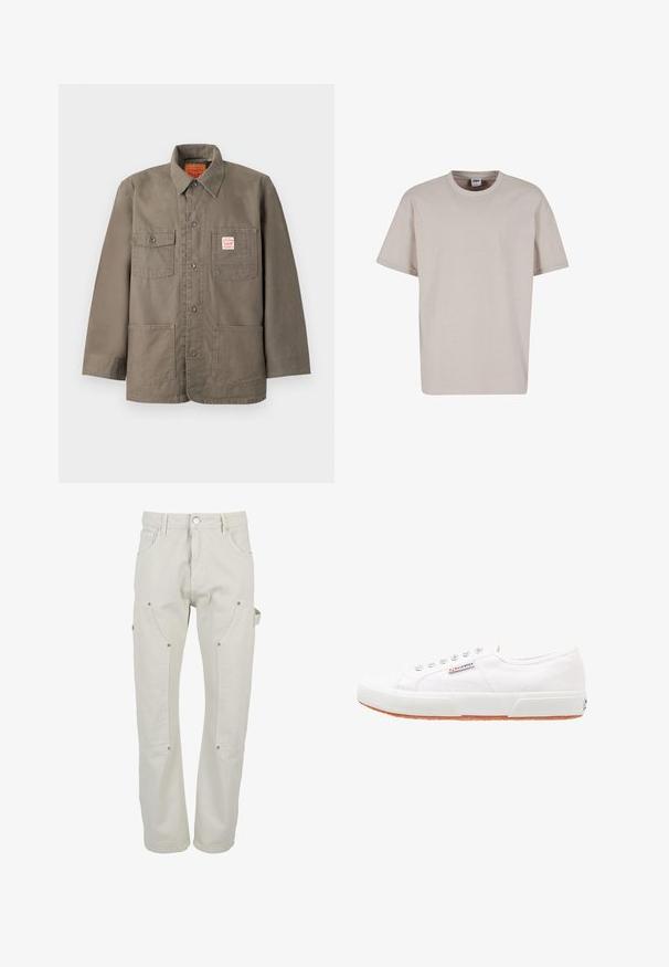 Bruine jas met knopen, vier zakken aan de voorkant, waarvan één met een rood-wit Levi's-label, en een klassieke kraag.; Urban Classics CUFF TEE - T-shirt basic - cloud; Lichtbeige cargobroek gemaakt van duurzaam katoen. Voorzien van meerdere zakken, drukknoopsluitingen en een rechte pijp.; Witte canvas sneakers met een rubberen zool, vetersluiting en een klein logolabel aan de zijkant. Gewreven wit bovenwerk en een bruine zool.