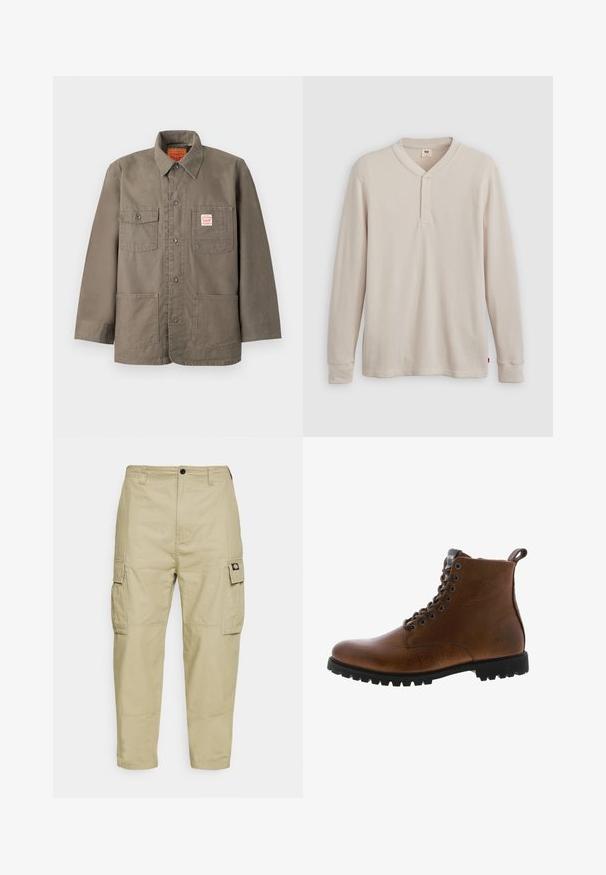 Chaqueta marrón con botones, cuatro bolsillos delanteros, uno con una etiqueta Levi's roja y blanca, y un cuello clásico.; Camisa tipo henley de manga larga en tejido acanalado color beige claro, con escote en V,tapeta de tres botones, y mangas con puños. Etiqueta de logo roja en el dobladillo.; Pantalones cargo beige hechos de una tela duradera, con dos bolsillos laterales, cierre de botón y piernas ajustadas con una textura suave.; Botas de cuero marrón hasta el tobillo con acabado texturizado, ojales de metal y suela de goma negra con protuberancias. Presenta una lengüeta en la parte posterior para facilitar su uso.