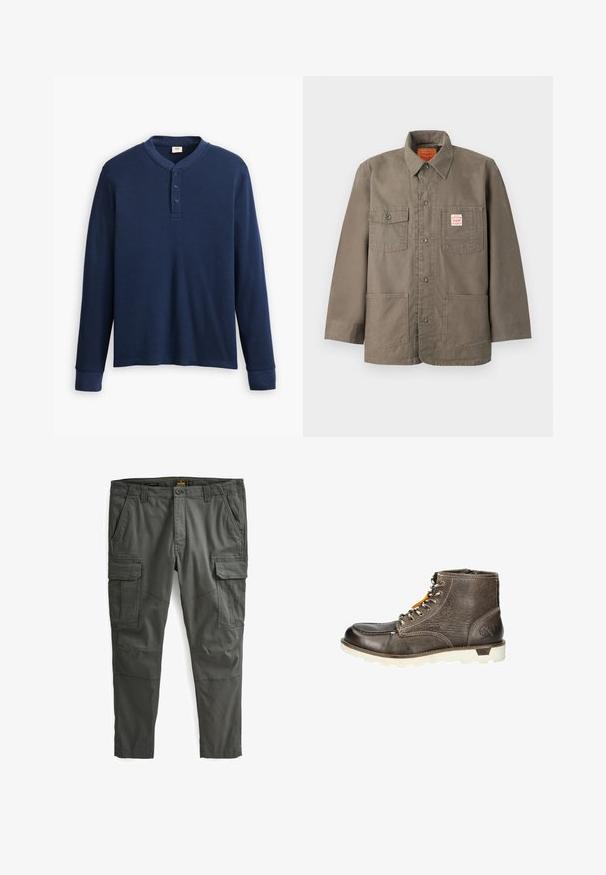 Bruine jas met knopen, vier zakken aan de voorkant, waarvan één met een rood-wit Levi's-label, en een klassieke kraag.; Langdraagbare marineblauwe henley shirt van ribstof. Heeft een ronde halslijn en een knoopsluiting met drie knopen. De mouwen zijn aangesloten.; Cargo broek in donker groen, slim fit; beschikt over meerdere zijzakken, gestikte details en een gladde, duurzame stofstructuur.; Bruine leren enkellaars met een gestructureerde afwerking, witte rubberen zool, metalen veterogen en een oranje accent bij de veters. Details met een zijrits zijn aanwezig.