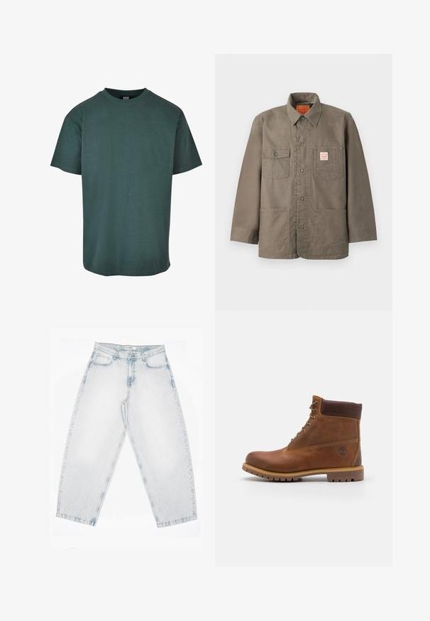 Bruine jas met knopen, vier zakken aan de voorkant, waarvan één met een rood-wit Levi's-label, en een klassieke kraag.; Donkergroene katoenen t-shirt met een ronde hals, korte mouwen en een rechte zoom. Zachte textuur, casual pasvorm en een eenvoudig ontwerp.; Lichtgewassen spijkerbroek met een hoge taille, rechte, wijde pijpen, knoop- en ritssluiting en voor- en achterzakken.; Bruine leren wandelschoen met een gladde afwerking, gevoerde enkel, metalen oogjes en een rubberen zool met een robuust profiel.