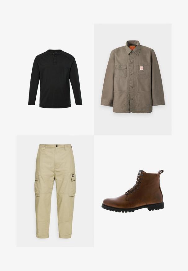 Brun knappet jakke med fire frontlommer, hvoraf en har et rødt og hvidt Levi's-mærke, og en klassisk krave.; Sort langærmet Henley-skjorte med tre knapper og rund halsudskæring, ensfarvet design og lige kant.; Beige cargo bukser lavet af slidstærkt stof, med to sidelommer, knaplukning og smalle ben med en glat overflade.; Brune læder ankelstøvler med tekstureret overflade, metaløjer og sort gummisål. Har en træktab bagpå for nem påtagning.