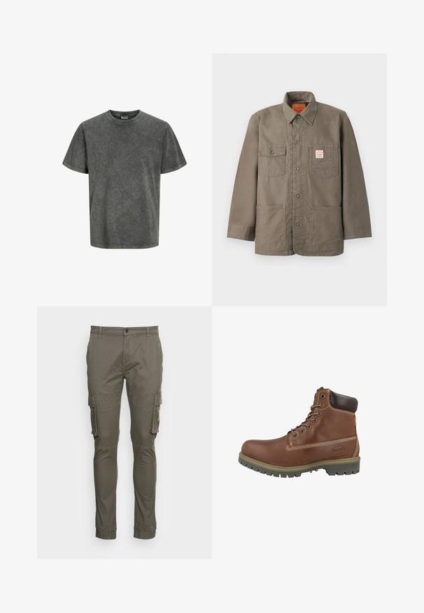 Braune Jacke mit Knopfleiste, vier Fronttaschen, davon eine mit rotem und weißem Levi's-Label, und klassischem Kragen.; Kurzärmliges T-Shirt in einem verblassten Dunkelgrau, aus weichem Stoff mit Rundhalsausschnitt und lockerer Passform. Glatte Textur, ohne Muster.; Olivgrüne Cargo-Hosen aus Baumwollmischgewebe mit zwei Seitentaschen, schmal zulaufenden Beinen und verstärkten Nähten.; Brauner Leder-Stiefelette mit abgerundetem Zehenbereich, gepolstertem Kragen, weißen Nähten und einer Gummisohle mit Profilmuster.