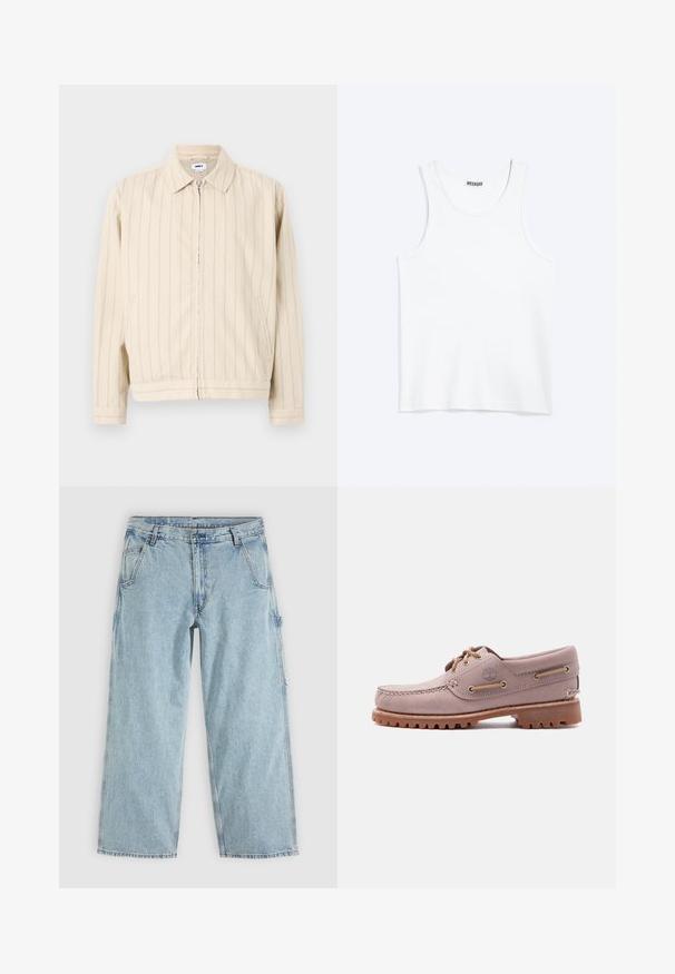 Veste beige à fermeture éclair avec des rayures verticales bleu clair. Comprend un col, deux poches latérales et un ourlet droit. Fabriquée en tissu de coton.; Débardeur blanc sans manches avec col rond et étiquette de la marque Weekday à l'intérieur du col arrière, présenté à plat sur un fond clair.; Jean denim droit bleu clair avec poches avant, passants de ceinture, fermeture par boutons et une boucle latérale pour outils.; Chaussure bateau en cuir marron clair avec surpiqûres sur le bout mocassin, lacets en cuir, logo Timberland et semelle en caoutchouc résistante, présentée sur fond blanc.