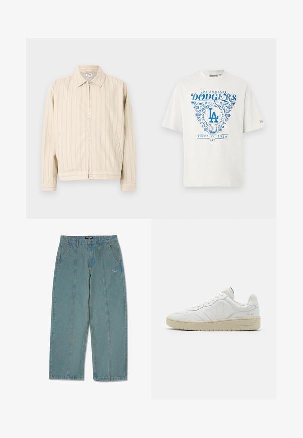 Beige ritsjack met verticale lichtblauwe strepen. Heeft een kraag, twee zijzakken en een rechte zoom. Gemaakt van katoen.; Witte katoenen t-shirt met blauwe grafische tekst "LOS ANGELES DODGERS" en "SINCE 1958" met bloemaccenten en het "LA"-logo in het midden.; Lichtblauwe, niet-verweerde denim broek met een recht model, voorzien van voorzakken en een subtiele geborduurde logo nabij de taille.; Witte leren sneakers met een gestructureerde afwerking en een gevoerde kraag. Voorzien van een beige rubberen zool en subtiele branding op de hiel en zijkant.
