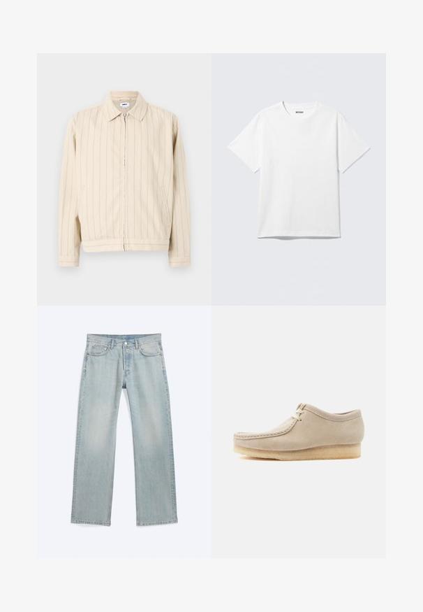 Veste beige à fermeture éclair avec des rayures verticales bleu clair. Comprend un col, deux poches latérales et un ourlet droit. Fabriquée en tissu de coton.; T-shirt blanc à manches courtes et col rond, étalé à plat, design uni, avec l'étiquette "WEEKDAY" à l'intérieur du col sur un fond clair.; Jean en denim bleu clair, coupe droite, avec cinq poches, fermeture par bouton et zipper, et coutures visibles.; Chaussure à lacets en daim beige avec semelle en crêpe, couture de style mocassin et conception basse à la cheville, isolée sur un fond clair.