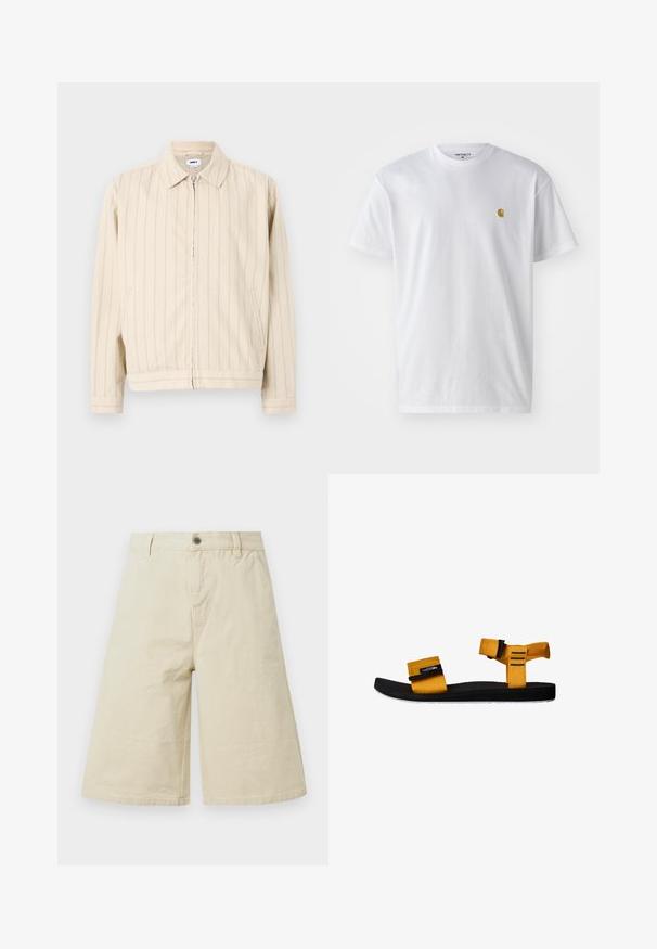 Beige lynlåsjakke med lodrette lyseblå striber. Har krave, to sidelommer og lige kant. Lavet af bomuldsstof.; Hvid bomulds t-shirt med korte ærmer, rund hals og et lille guld logo på venstre brystområde. Blød tekstur og almindelig pasform.; Beige knælange shorts med vide ben, bæltestropper, forreste knap, lynlås og sidelommer.; Gul stof sandal med to justerbare remme, sort gummisål, struktureret fodseng og hvid detalje på sålen. Sidevinkel.