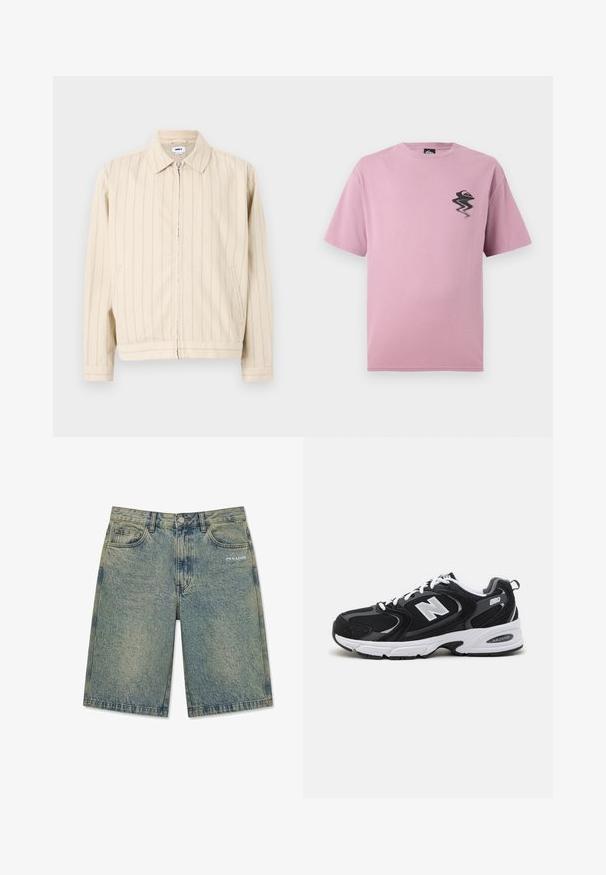 Beige lynlåsjakke med lodrette lyseblå striber. Har krave, to sidelommer og lige kant. Lavet af bomuldsstof.; Lyselilla t-shirt med korte ærmer og et lille, forvrænget sort og orange logo på venstre bryst.; Lyseblå denimshorts med falmet finish, forlommer, bæltestropper, knaplukning og "PEGADOR" logo på højre forlom.; Sorte og grå sportssko med mesh og ruskind på overdelen, der har en hvid mellemsål, snørebånd og et iøjnefaldende "N" logo på siden.